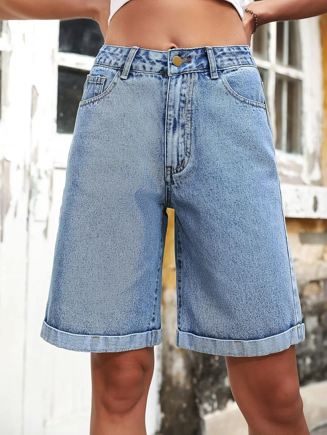 Women's Ripped Bermuda Shorts High Waisted Denim Shorts Ripped Distressed Jean Shorts