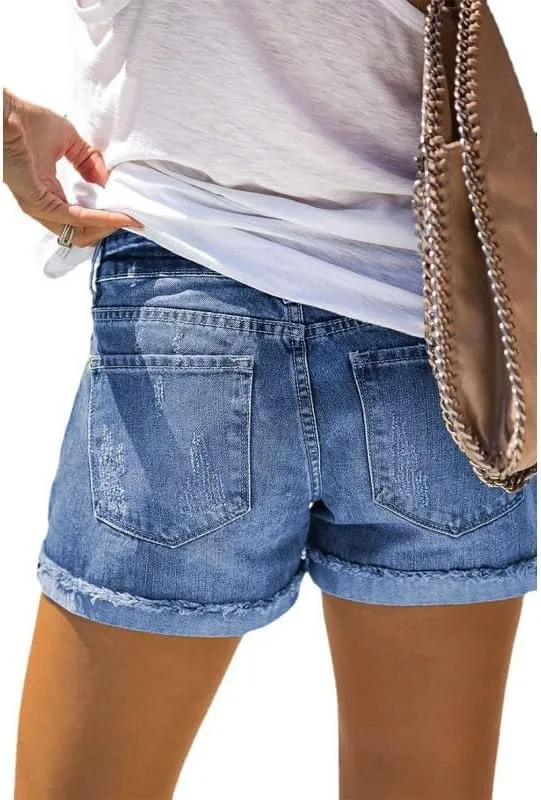 Women's Ripped Denim Shorts Summer Casual Jean Shorts High Waisted Buttons Shorts Lightweight Breathable Shorts