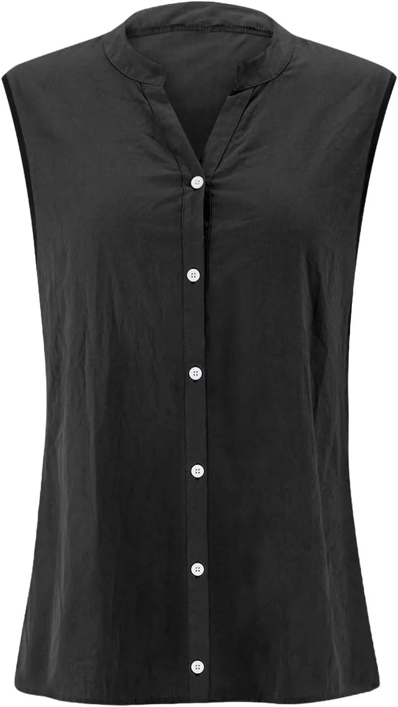 Womens Sleeveless Button Down Shirts Cotton Linen V Neck Blouses Solid Color Casual Work Tank Tops Plus Size Tunics
