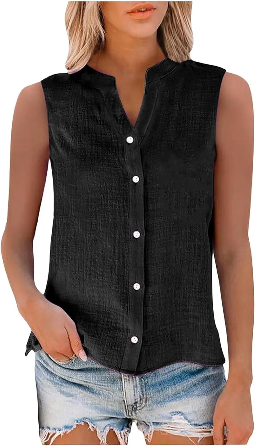 Womens Sleeveless Button Down Shirts Cotton Linen V Neck Blouses Solid Color Casual Work Tank Tops Plus Size Tunics