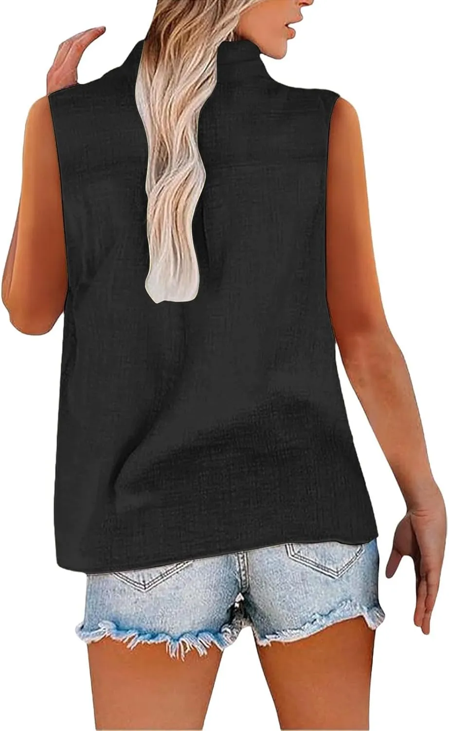 Womens Sleeveless Button Down Shirts Cotton Linen V Neck Blouses Solid Color Casual Work Tank Tops Plus Size Tunics