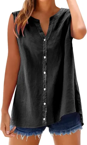 Womens Sleeveless Button Down Shirts Cotton Linen V Neck Blouses Solid Color Casual Work Tank Tops Plus Size Tunics