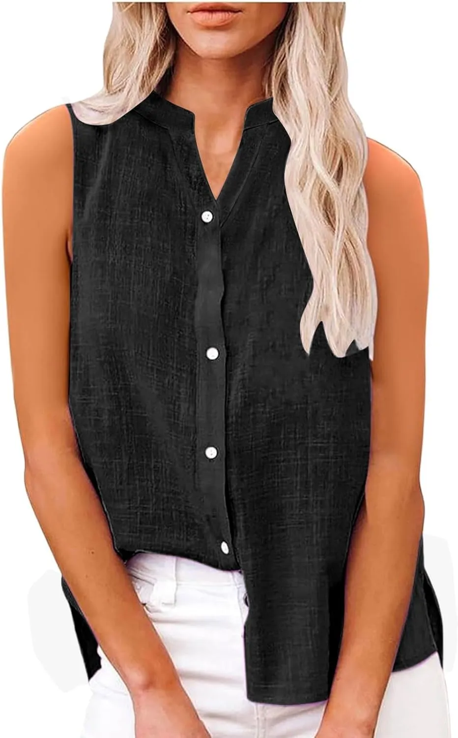 Womens Sleeveless Button Down Shirts Cotton Linen V Neck Blouses Solid Color Casual Work Tank Tops Plus Size Tunics