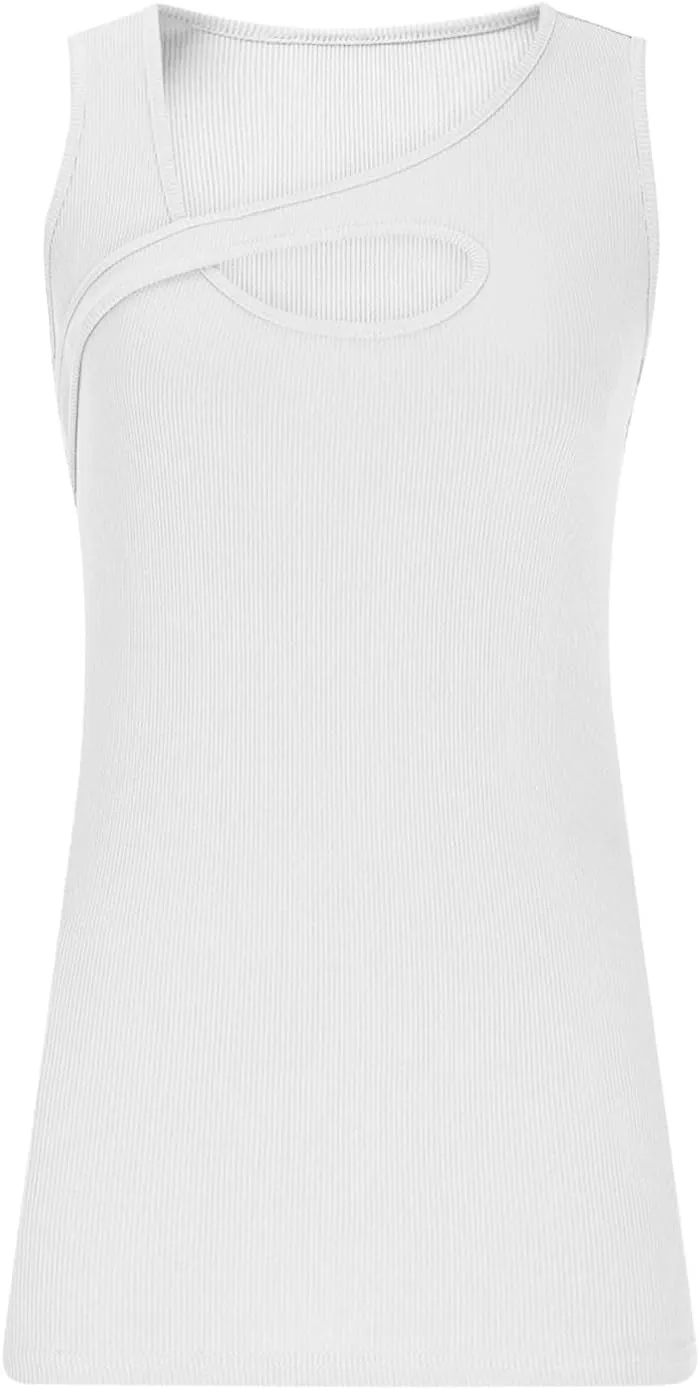 Womens Summer Cutout Tank Tops Ribbed Knit Sleeveless Shirts Slim Fitted Tanks Y2K Sexy Basic Tee Shirt Outfits