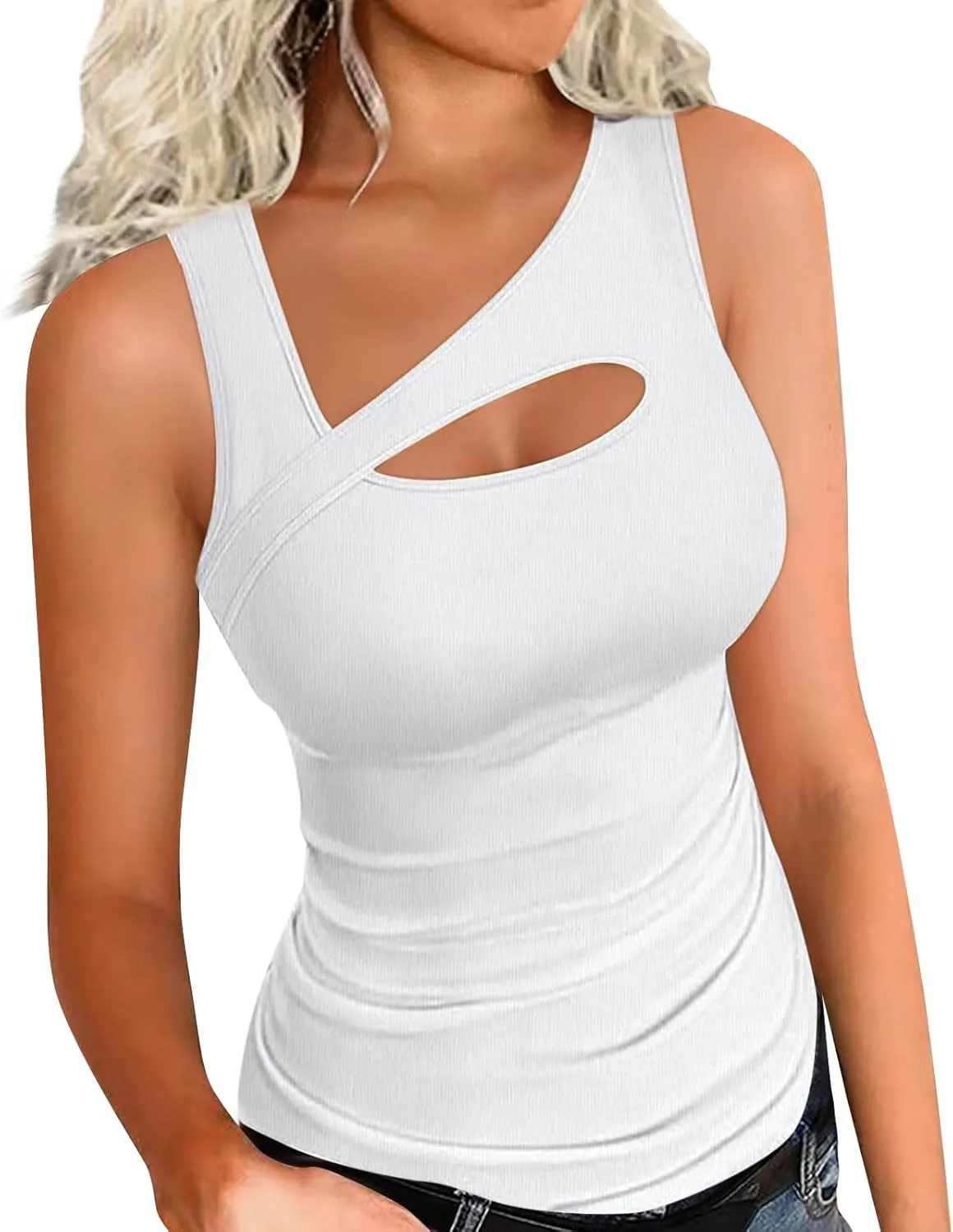 Womens Summer Cutout Tank Tops Ribbed Knit Sleeveless Shirts Slim Fitted Tanks Y2K Sexy Basic Tee Shirt Outfits