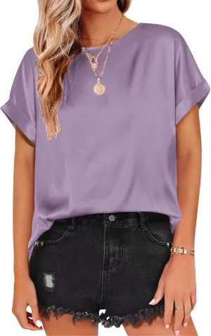 Womens Summer Tops Casual Comfortable Short Sleeve Shirts Loose Crew Neck Silk Shirts Fashion Work Office Blouse Tops