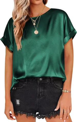 Womens Summer Tops Casual Comfortable Short Sleeve Shirts Loose Crew Neck Silk Shirts Fashion Work Office Blouse Tops