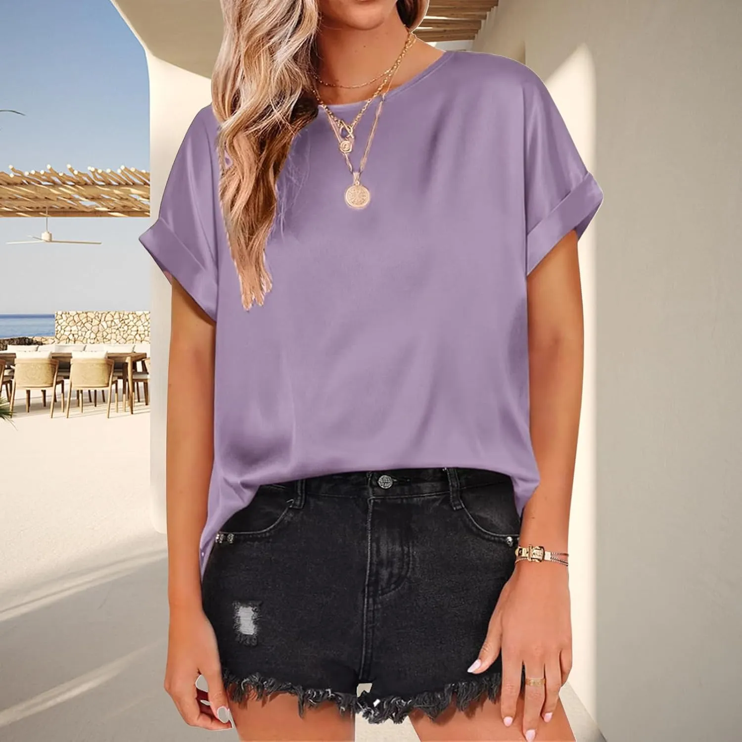 Womens Summer Tops Casual Comfortable Short Sleeve Shirts Loose Crew Neck Silk Shirts Fashion Work Office Blouse Tops