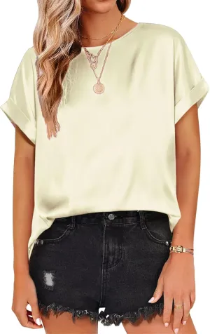 Womens Summer Tops Casual Comfortable Short Sleeve Shirts Loose Crew Neck Silk Shirts Fashion Work Office Blouse Tops