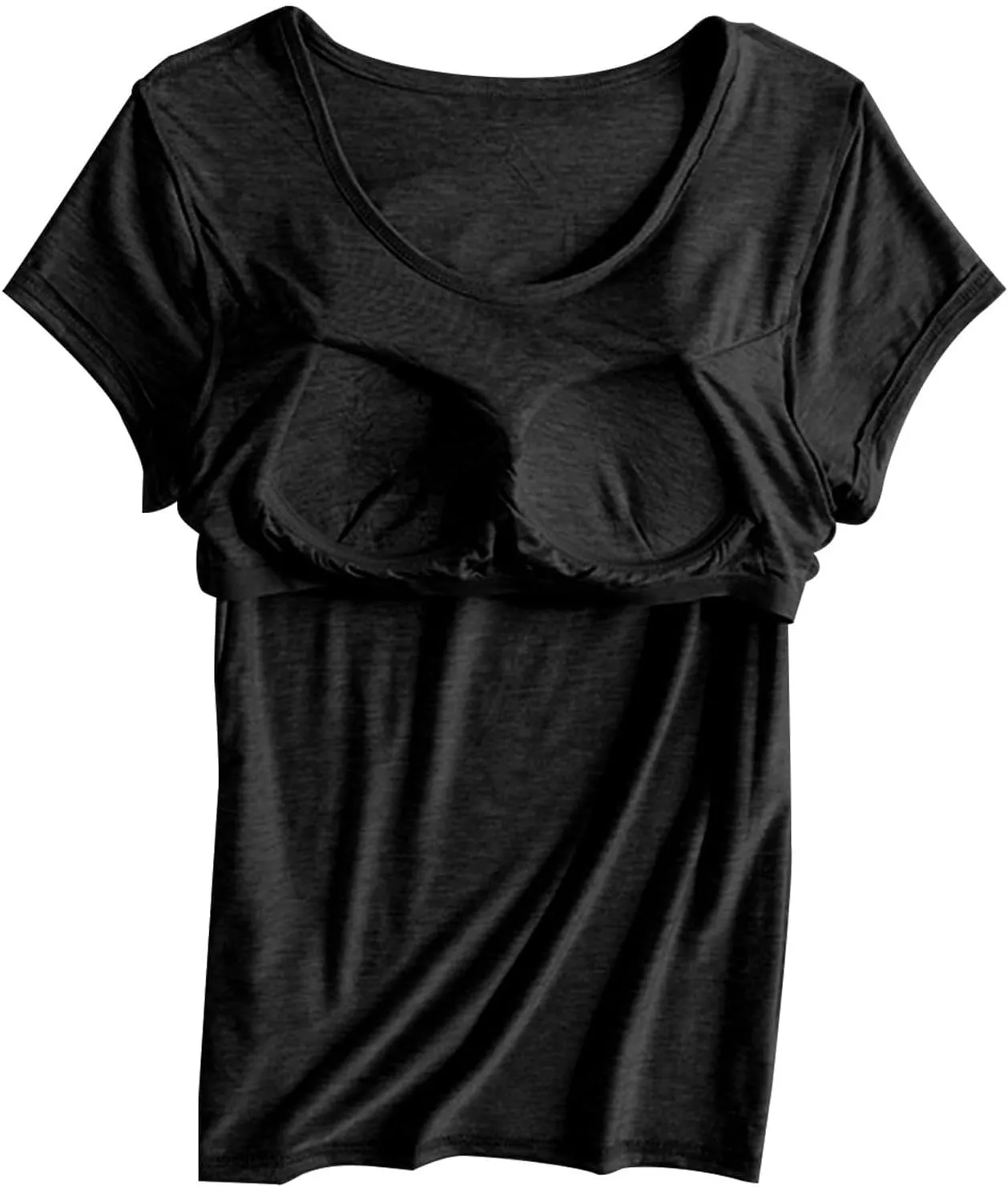 Women's T Shirt with Built-in Bra Short Sleeve Shirts Padded Active Tee Comfy Athletic Shelf Bras Yoga Workout Shirt