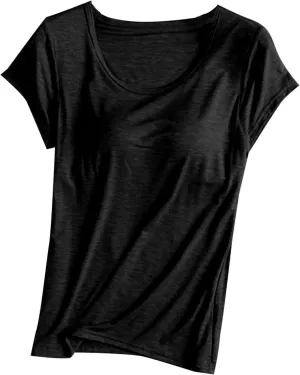 Women's T Shirt with Built-in Bra Short Sleeve Shirts Padded Active Tee Comfy Athletic Shelf Bras Yoga Workout Shirt