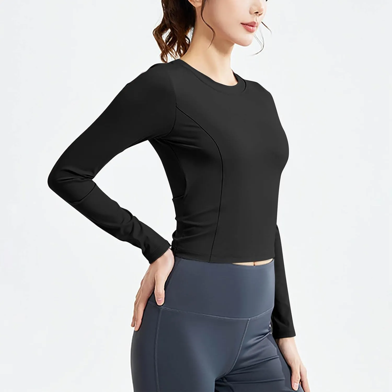 Workout Crop Top for Women Long Sleeve Athletic Slim Fit Yoga Shirt Casual Basic Tee Quick Dry Sports Activewear