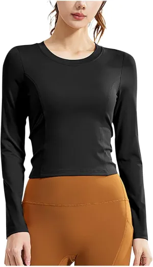 Workout Crop Top for Women Long Sleeve Athletic Slim Fit Yoga Shirt Casual Basic Tee Quick Dry Sports Activewear