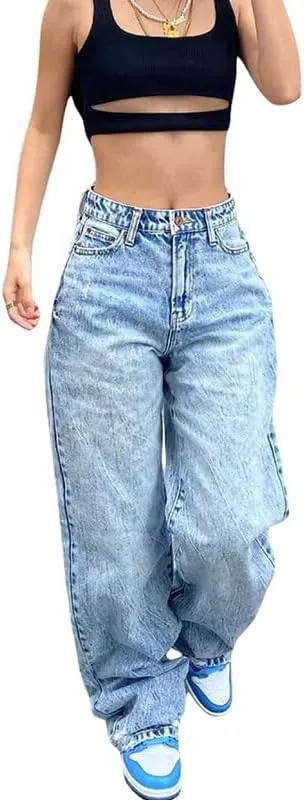 Y2k Baggy Jeans for Women Low Waist Wide Leg Denim Jeans Casual Cargo Pants Harajuku Pockets Trousers Streetwear