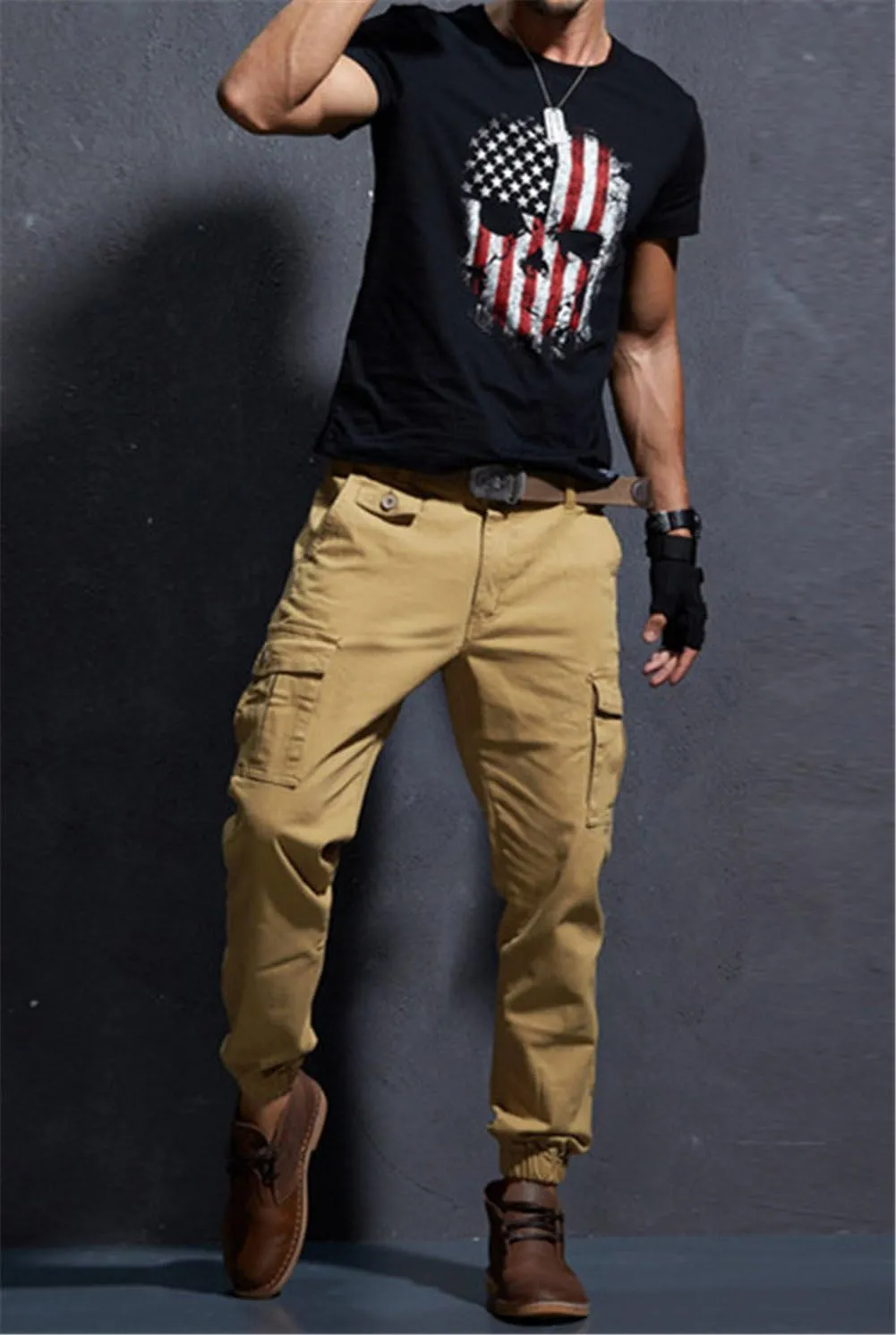 Yollmart Men Multi Pockets Cargo Pants Casual Slim Fit Combat Work Trousers