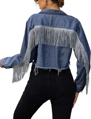 Zeagoo Women Denim Jacket Casual Long Sleeve Distressed Ripped Cropped Coat Fringe Jean Jacket XS-XXL