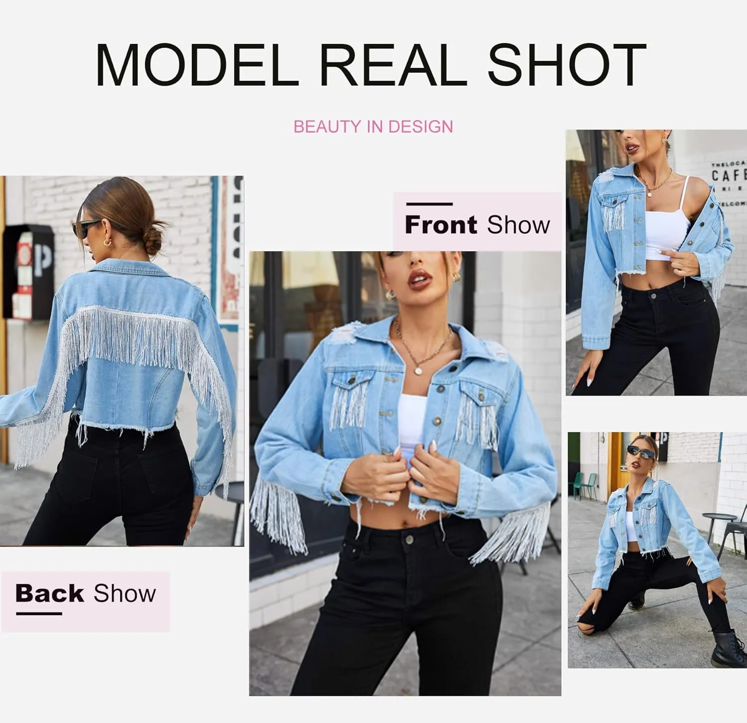 Zeagoo Women Denim Jacket Casual Long Sleeve Distressed Ripped Cropped Coat Fringe Jean Jacket XS-XXL