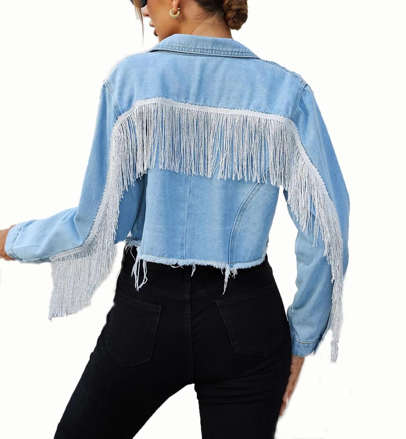 Zeagoo Women Denim Jacket Casual Long Sleeve Distressed Ripped Cropped Coat Fringe Jean Jacket XS-XXL