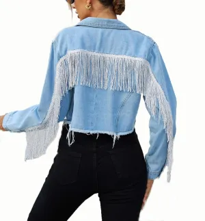 Zeagoo Women Denim Jacket Casual Long Sleeve Distressed Ripped Cropped Coat Fringe Jean Jacket XS-XXL