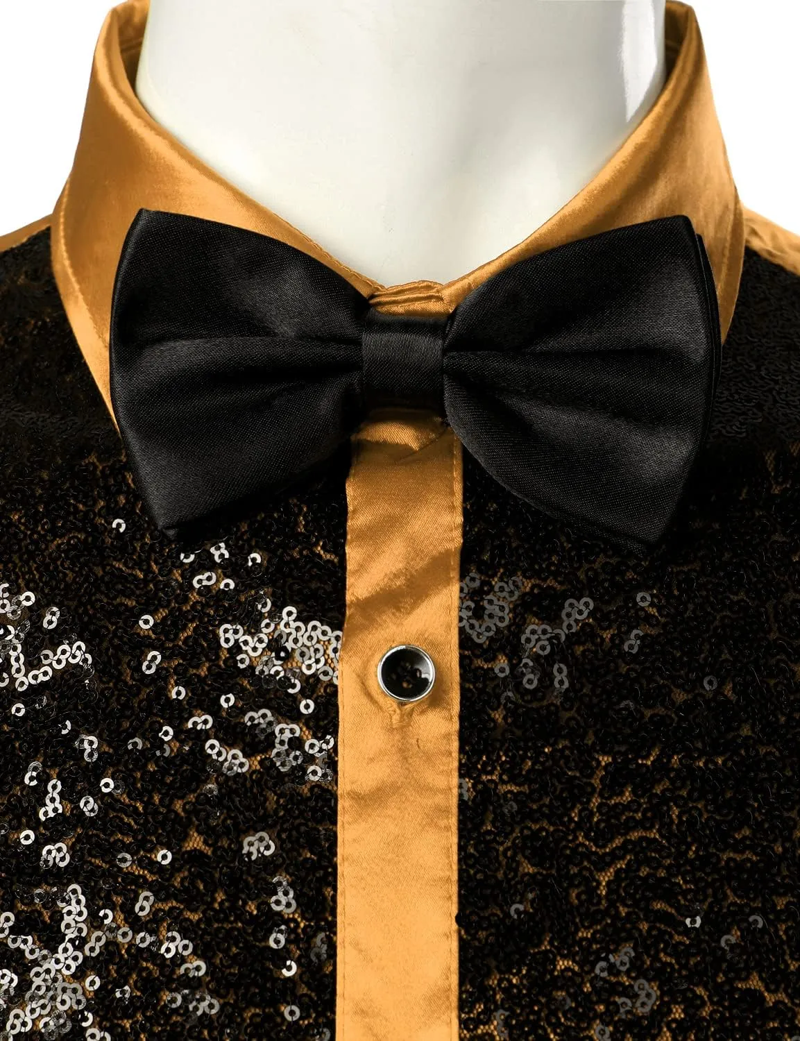ZEROYAA Men's Shiny Sequins Design Silk Like Satin Button Up Disco Party Dress Shirts