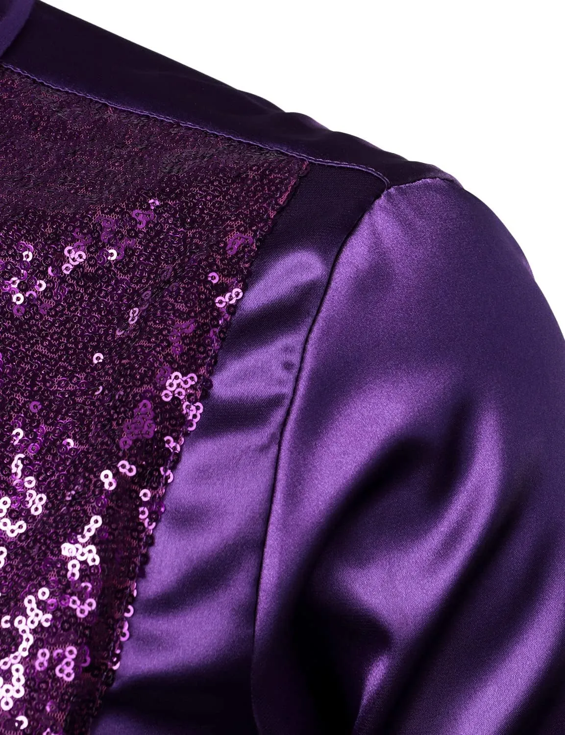 ZEROYAA Men's Shiny Sequins Design Silk Like Satin Button Up Disco Party Dress Shirts
