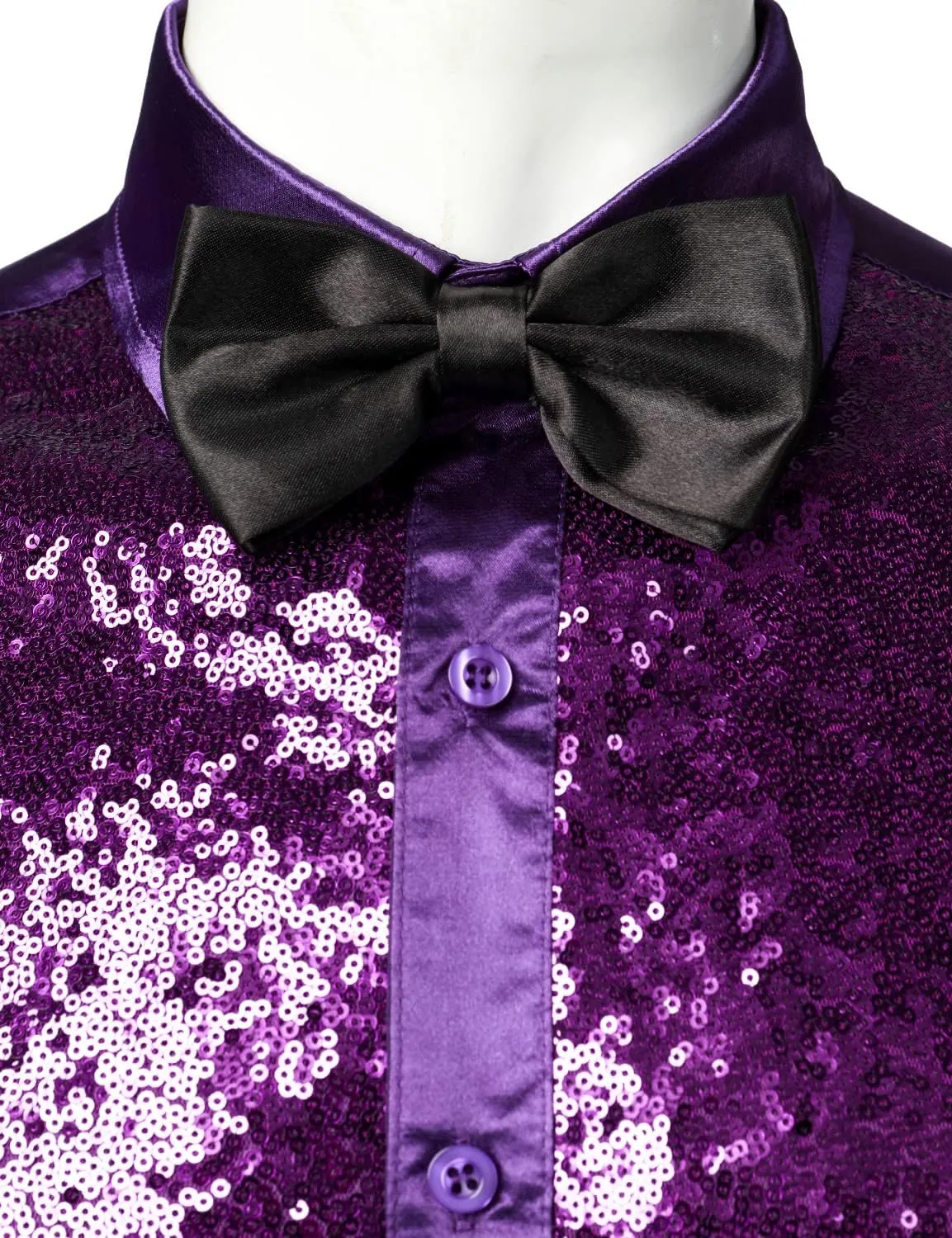 ZEROYAA Men's Shiny Sequins Design Silk Like Satin Button Up Disco Party Dress Shirts