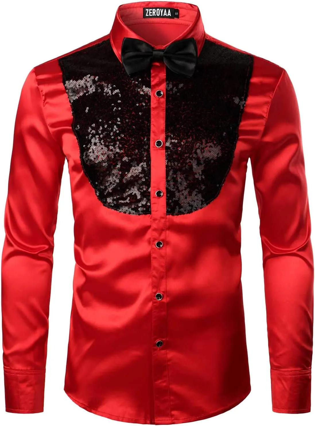 ZEROYAA Men's Shiny Sequins Design Silk Like Satin Button Up Disco Party Dress Shirts