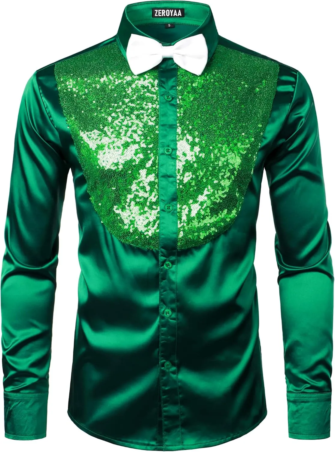 ZEROYAA Men's Shiny Sequins Design Silk Like Satin Button Up Disco Party Dress Shirts