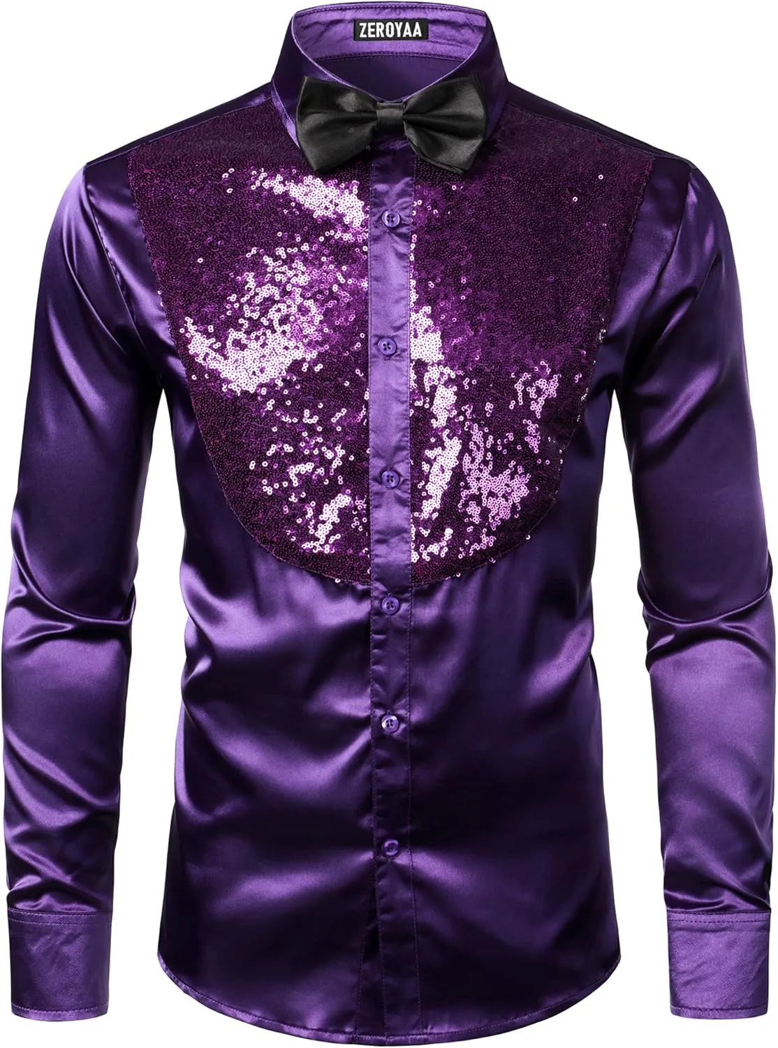 ZEROYAA Men's Shiny Sequins Design Silk Like Satin Button Up Disco Party Dress Shirts