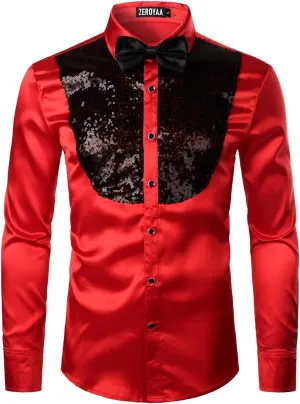 ZEROYAA Men's Shiny Sequins Design Silk Like Satin Button Up Disco Party Dress Shirts