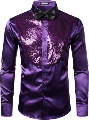 ZEROYAA Men's Shiny Sequins Design Silk Like Satin Button Up Disco Party Dress Shirts