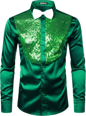 ZEROYAA Men's Shiny Sequins Design Silk Like Satin Button Up Disco Party Dress Shirts