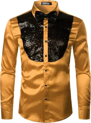 ZEROYAA Men's Shiny Sequins Design Silk Like Satin Button Up Disco Party Dress Shirts